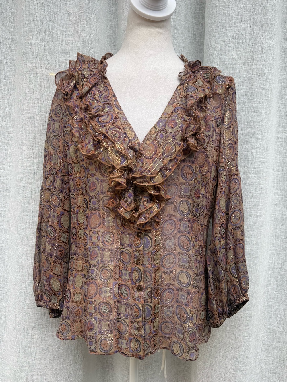 Nanette Lepore silk blouse vibrant medallion print and cascading ruffles
